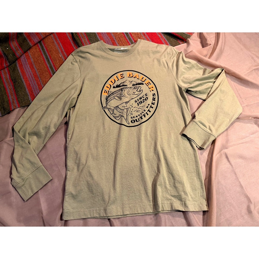 Eddie Bauer Outdoor Outfitters Long Sleeve Olive Green Graphic Tee Shirt Size M